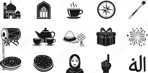 Eid Ramadan Islamic icon set, mosque tea sweets gift fireworks Allah symbol Muslim festival celebration vector silhouette collection