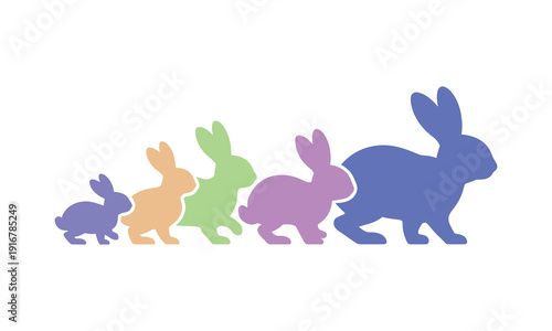 Five colorful stylized rabbit silhouettes progressing in size from smallest to largest in a visually appealing sequential line.