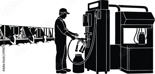 Modern Dairy Farm Silhouette with Worker and Automatic Milking Machine