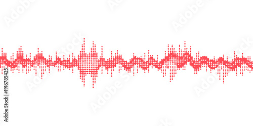 Digital medical heart beat on a red technology backdrop featuring a glowing audio sound wave equalizer and city line vector illustration for business and health design
