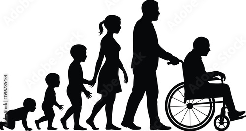 Black silhouettes show the entire progression of human life and aging.