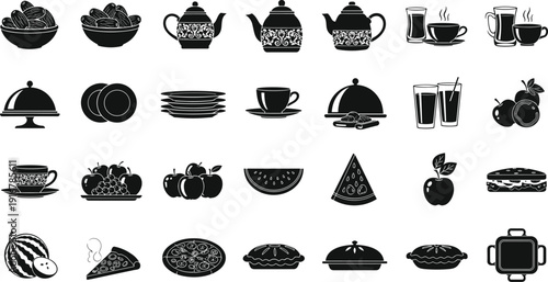 Food and drink icons set fruits pizza cake coffee tea dessert kitchen meal vector illustration collection black silhouette design