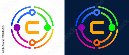 Modern letter “C” logo with colorful circular connection elements, representing digital technology, network connectivity, innovation, and smart systems.