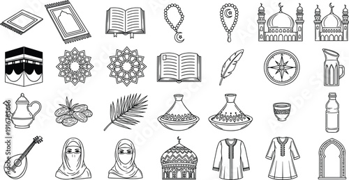 Islamic culture icon set, Muslim religion symbols collection, Quran mosque Kaaba dates traditional objects, Arabic heritage festival vector illustration