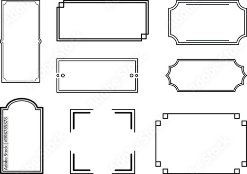 A collection of nine different black line frame and border designs on a white background for use in graphic design and digital art projects