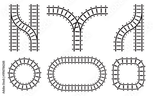 Train track designs featuring railway junction silhouettes with multiple switches, forks, and splitting tracks, suitable for complex rail layouts, network planning, and transport route visualization.