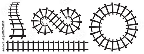 Train track designs featuring various railway line paths including curved, straight, and intersecting tracks, suitable for rail transport layouts, travel concepts, and junction connections.