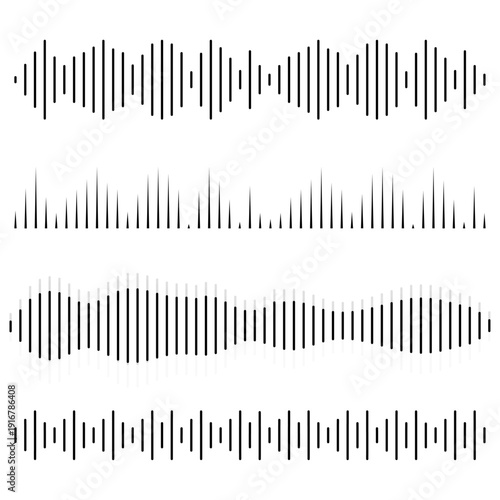 Music note shapes and audio wave elements featuring vertical bar audio spectrums and digital equalizer patterns, representing sound levels, signal intensity, and music visualization themes.