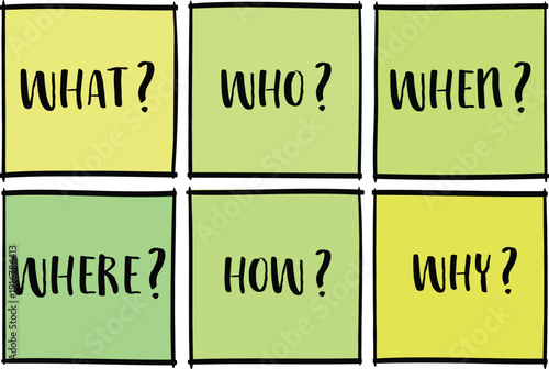 what, who, when, where, how and why questions - uncertainty, brainstorming or decision making concept, a set of reminder notes