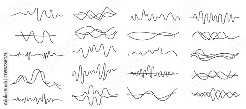 Music note shapes and audio wave elements featuring hand drawn sound waves and frequency zigzag lines, representing audio signals, vibration patterns, and equalizer style motion.