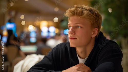Sad portrait of a young man lost in thought, reflecting the internal struggle of gambling addiction with a blurred casino scene behind him. Soft diffused lighting enhances the melancholy atmosphere