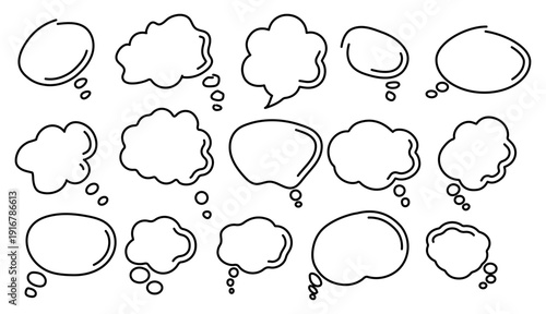 Hand drawn style doodle designs featuring cloud shaped thought bubble sketches with soft outlines, suitable for thinking concepts, ideas, imagination themes, and comic style dialogue layouts.