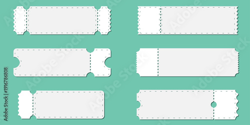 Coupon and voucher shape set featuring blank ticket templates with perforated edges and realistic shadow effects, designed for discount offers, promotional campaigns, admission passes, and retail use.