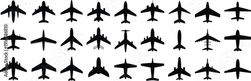 Collection of airplane silhouettes in diverse designs, top-down aircraft vector illustration for aviation, aeronautics, history, engineering, education, and comparative analysis of airplane structures