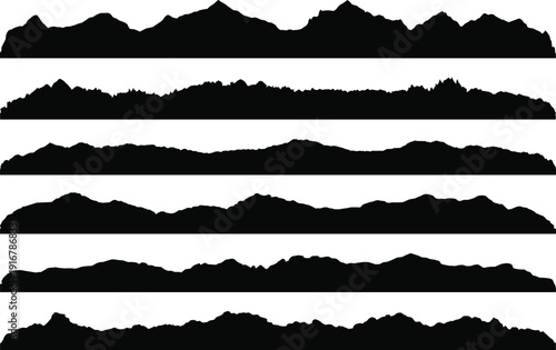 Collection of six mountain range silhouettes with jagged peaks and rolling profiles, black landscape illustration emphasizing geological diversity, natural contours, and artistic elevation design