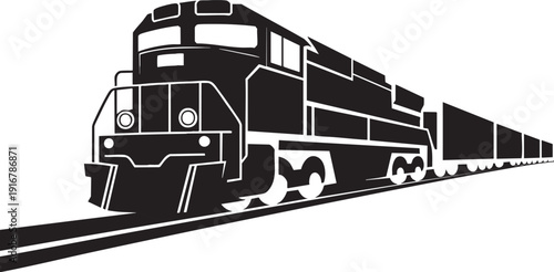 Freight train silhouette moving along tracks powerful engine locomotive illustration