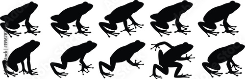 Set of ten frog silhouettes in various poses, unique jumping frog among crouching designs, animal vector illustration for wildlife, nature, biology, and pattern recognition concepts