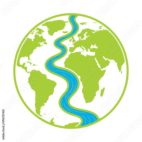 Globe Illustration with River Flowing Across Continents.