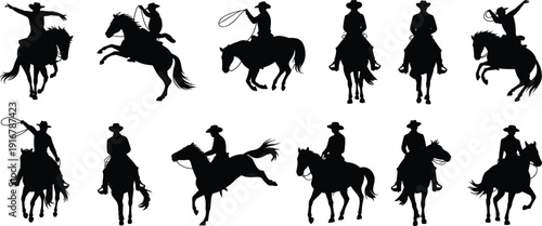 Western cowboy horse rider silhouette set with dynamic rodeo lasso action poses, black vector illustration collection isolated on white background