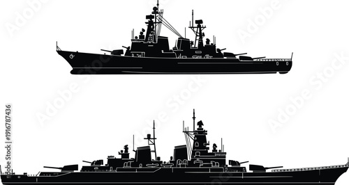Naval warship silhouettes illustration, battleship destroyer comparison, side views, military vessel design, radar systems, gun turrets, modern naval engineering