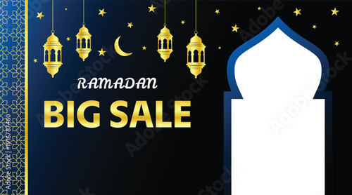Ramadan big sale banner with hanging lanterns, stars, crescent moon and mosque arch frame