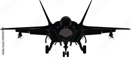 Stealth fighter jet silhouette illustration, front view, modern military aircraft, twin stabilizers, missiles fuel tanks cockpit landing gear design