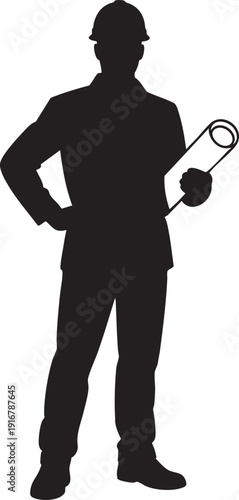 Silhouette of architect or engineer holding blueprints vector graphic isolated on white