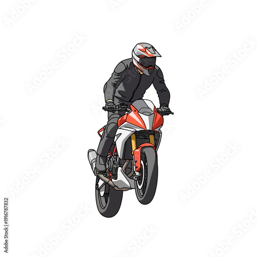 Motorcyclist Performing Wheelie on Red and White Sport Bike, Action Shot