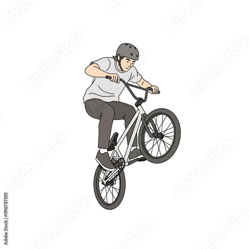 BMX rider performing a wheelie trick on a bicycle, isolated on white background