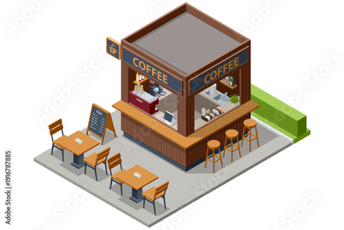 Isometric coffee kiosk with wooden facade, counter, menu board and outdoor table. Street cafe stand with espresso machine and bar stool in urban environment.