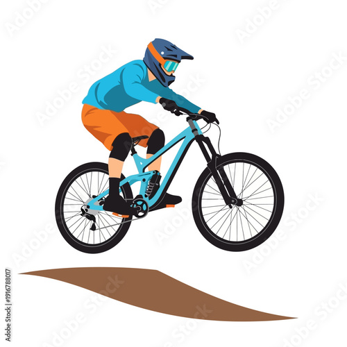 Downhill mountain biker in mid-air, jumping over dirt ramp, active lifestyle illustration
