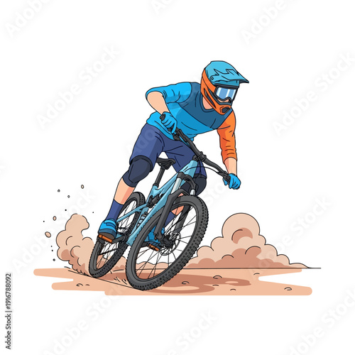 Mountain biker in action, kicking up dust on a dirt trail, extreme sport, illustration