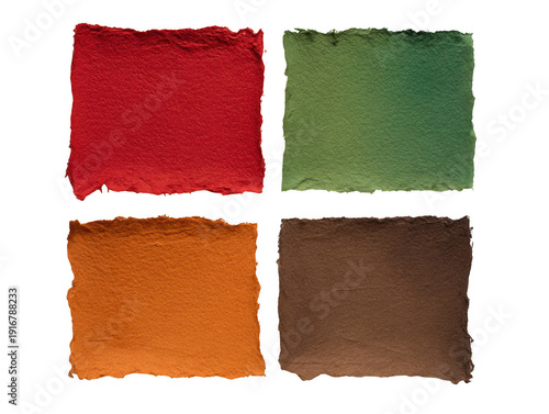 Vibrant color swatches in red, green, orange, and brown hues isolated on transparent background