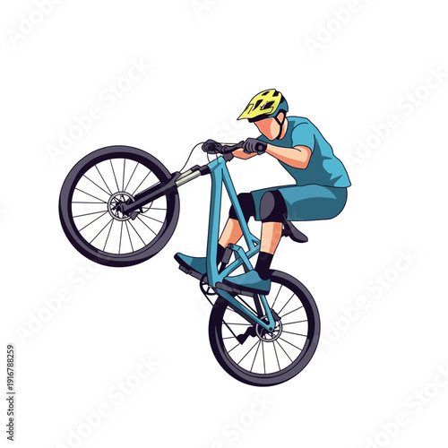 Mountain biker performing a wheelie on a blue bicycle, wearing a yellow helmet and blue gear.