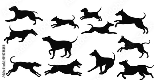 Dog Silhouette Set Running Jumping Sprinting Canine Pet Animal Dynamic Motion Vector Collection