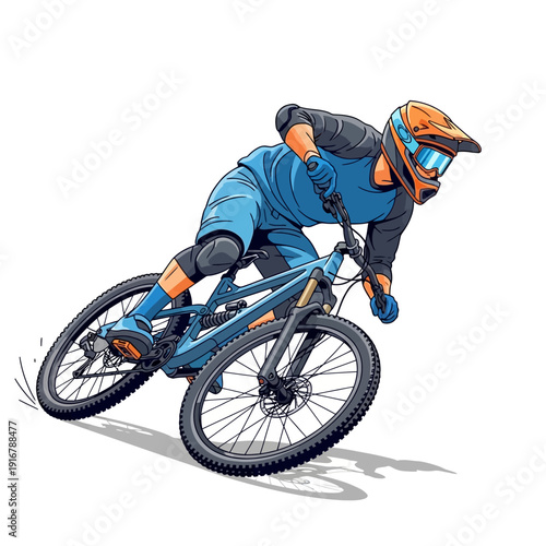 Mountain biker in full gear leaning into a sharp turn on a downhill trail.