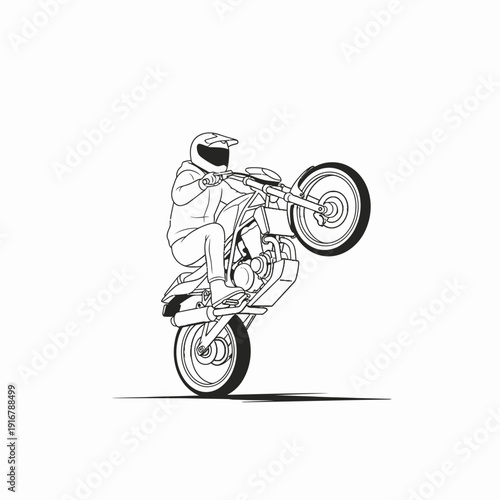 Motorcycle Rider Performing Wheelie - Line Art Illustration