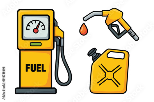 Petrol Fuel Pump Isolated, Nozzle with Drop and Jerry Can Gasoline Canister, Black Vector Icons Representing Gas Station, Fuel Supply, Energy Service and Vehicle Refueling Concept