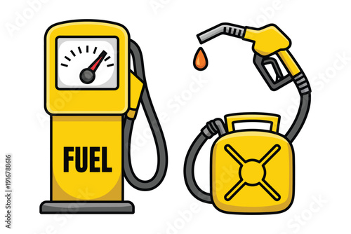 Petrol Fuel Pump Isolated, Nozzle with Drop and Jerry Can Gasoline Canister, Black Vector Icons Representing Gas Station, Fuel Supply, Energy Service and Vehicle Refueling Concept