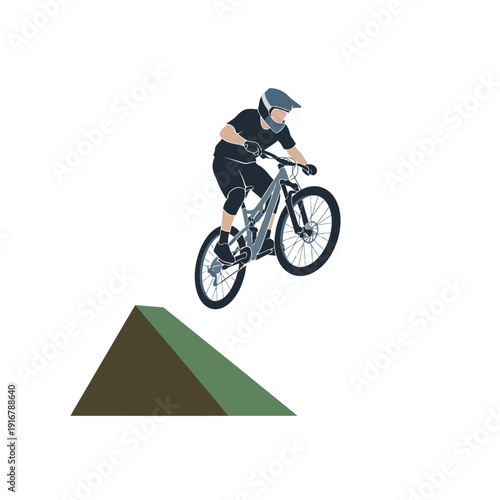 Mountain biker jumping ramp, extreme sports, downhill cycling, action illustration