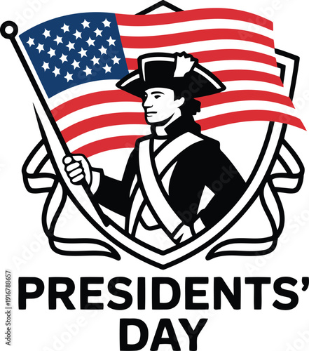 Patriot holding American flag shield crest historical figure presidential day celebration.