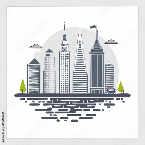 Modern cityscape illustration with skyscrapers and urban landscape.