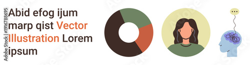 Data analytics, mental health awareness, infographics, human psychology, medical concepts, communication. Pie chart, human profile and brain illustration. Data analytics and mental health concepts