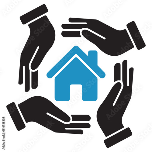 Four Hands Cupping Blue House Icon in a Circle, Symbolizing Protection and Community Care