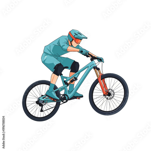 Mountain biker in action, descending a trail with full suspension bike and protective gear.