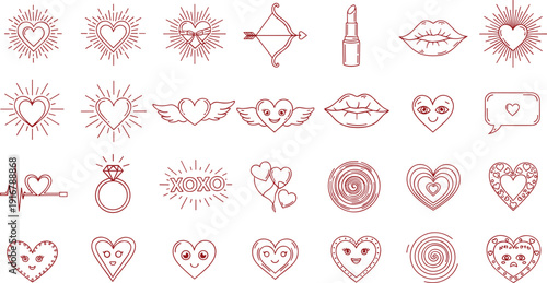 Valentine love icon collection, heart symbols cupid bow lips ring romance elements, relationship celebration vector illustration set