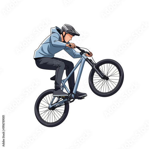 Cyclist performing a wheelie on a mountain bike, wearing a helmet and hoodie