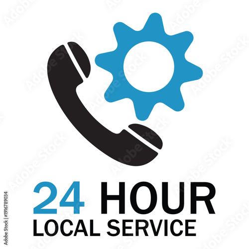 24 Hour Local Service Icon with Phone and Gear Symbol, Indicating Availability and Support