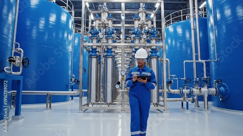 Female engineer inspecting industrial water treatment system