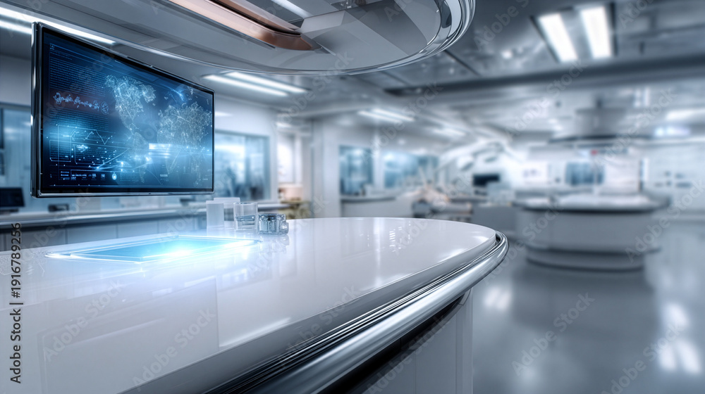 Obraz premium Futuristic laboratory with digital world map display and glossy white workstation